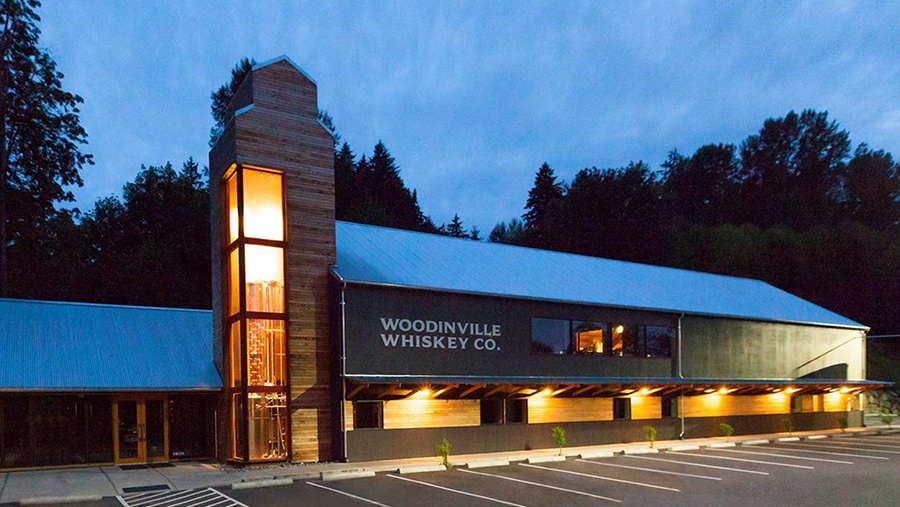 Outside view of Woodinville Whiskey Distillery in the early evening