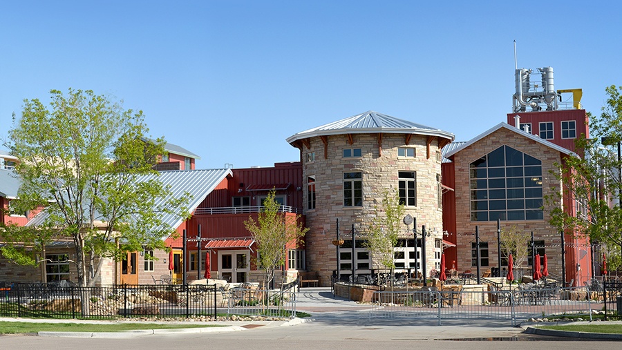 street view of odell brewing co's steel and brick brewing facility