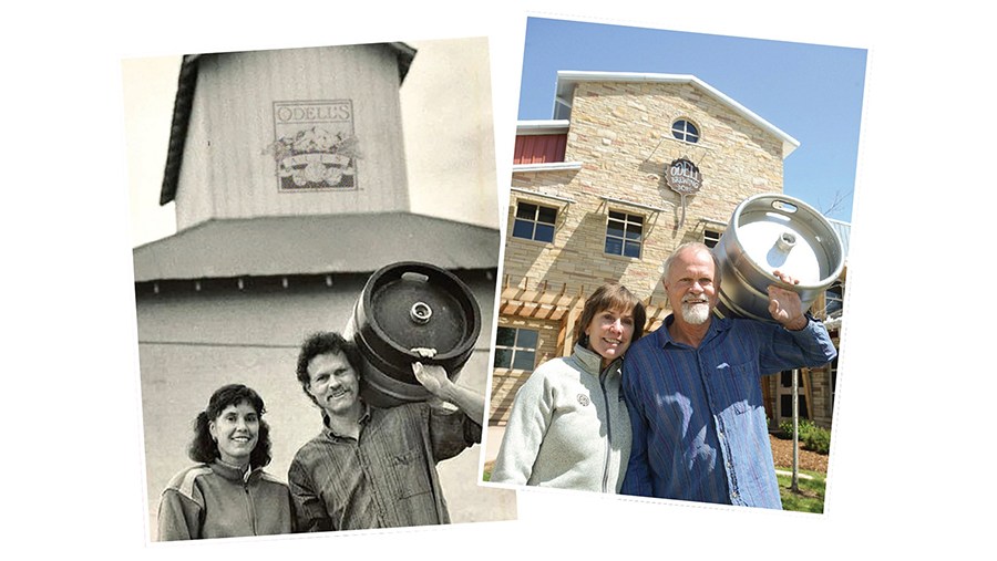 identical photos of founders Wynne and Doug Odell in front of the facility taken 30 years apart