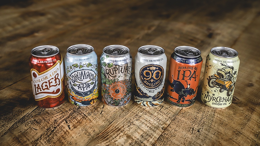 row of Odell's six core beers: Colorado Lager, Drumroll APA, Rupture Ale, 90 Shilling Ale, IPA and Myrcenary Double IPA
