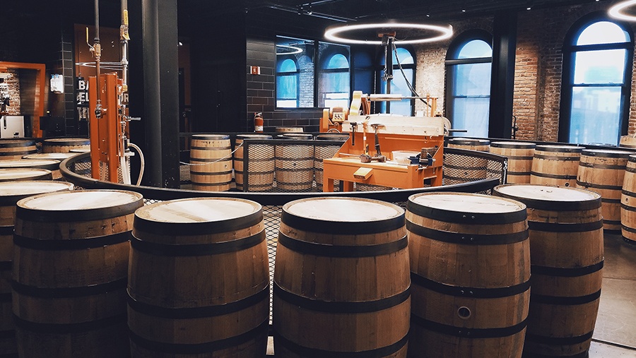 room of assembled whiskey barrels awaiting to be charred