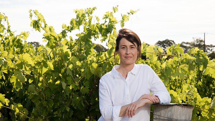 Penfold's Senior Winemaker, Steph Dutton, leans on a wooden vineyard post in front of a wall of grape vines and leafs